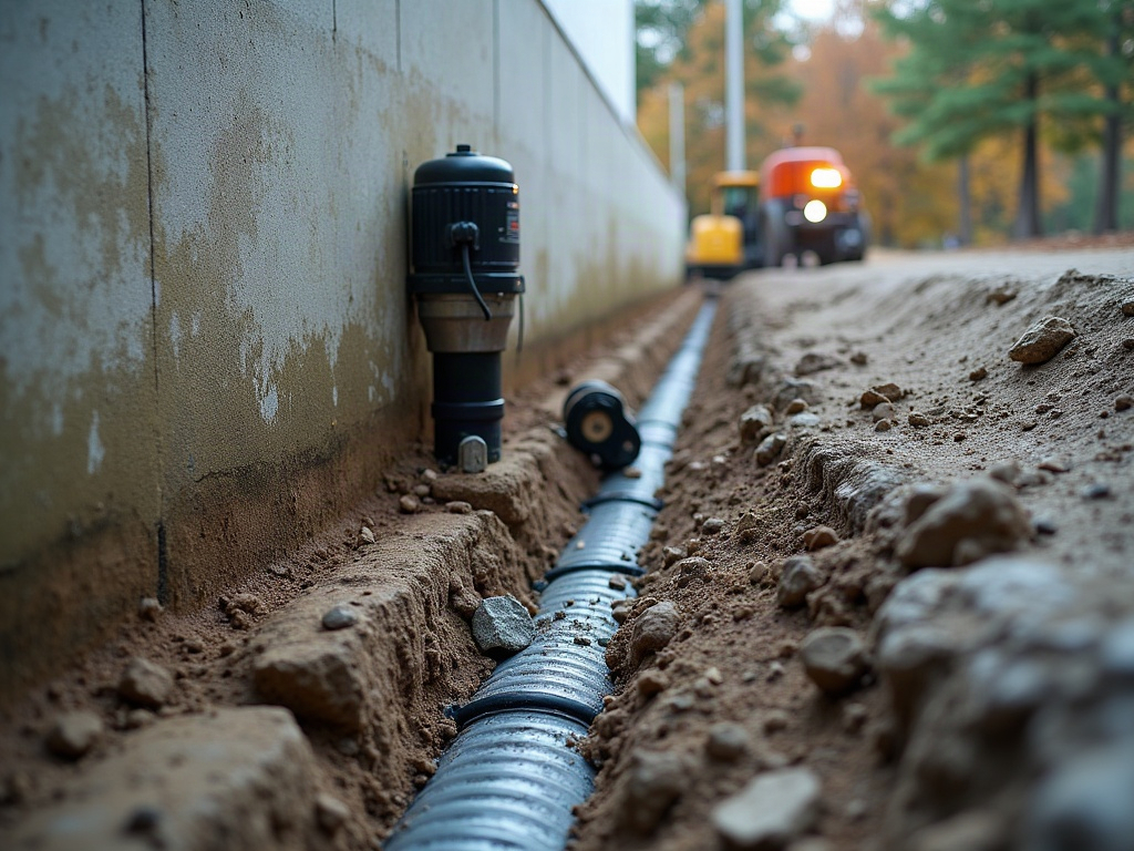 Interior drainage system being installed along a Parma basement wall