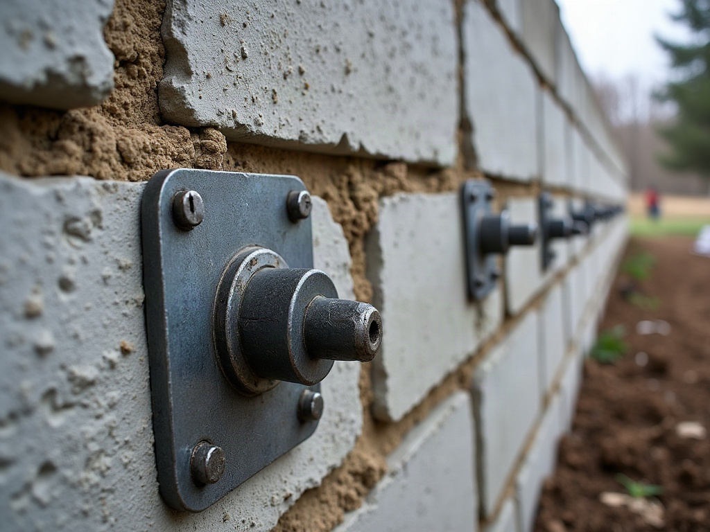 Cracked block foundation wall in a Canton, Ohio basement being inspected for repair