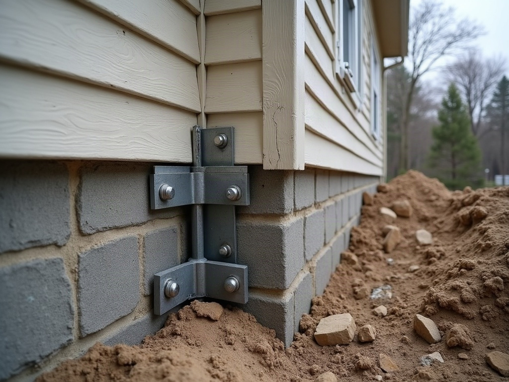 Repaired block foundation wall with carbon fiber straps in a Cuyahoga Falls basement