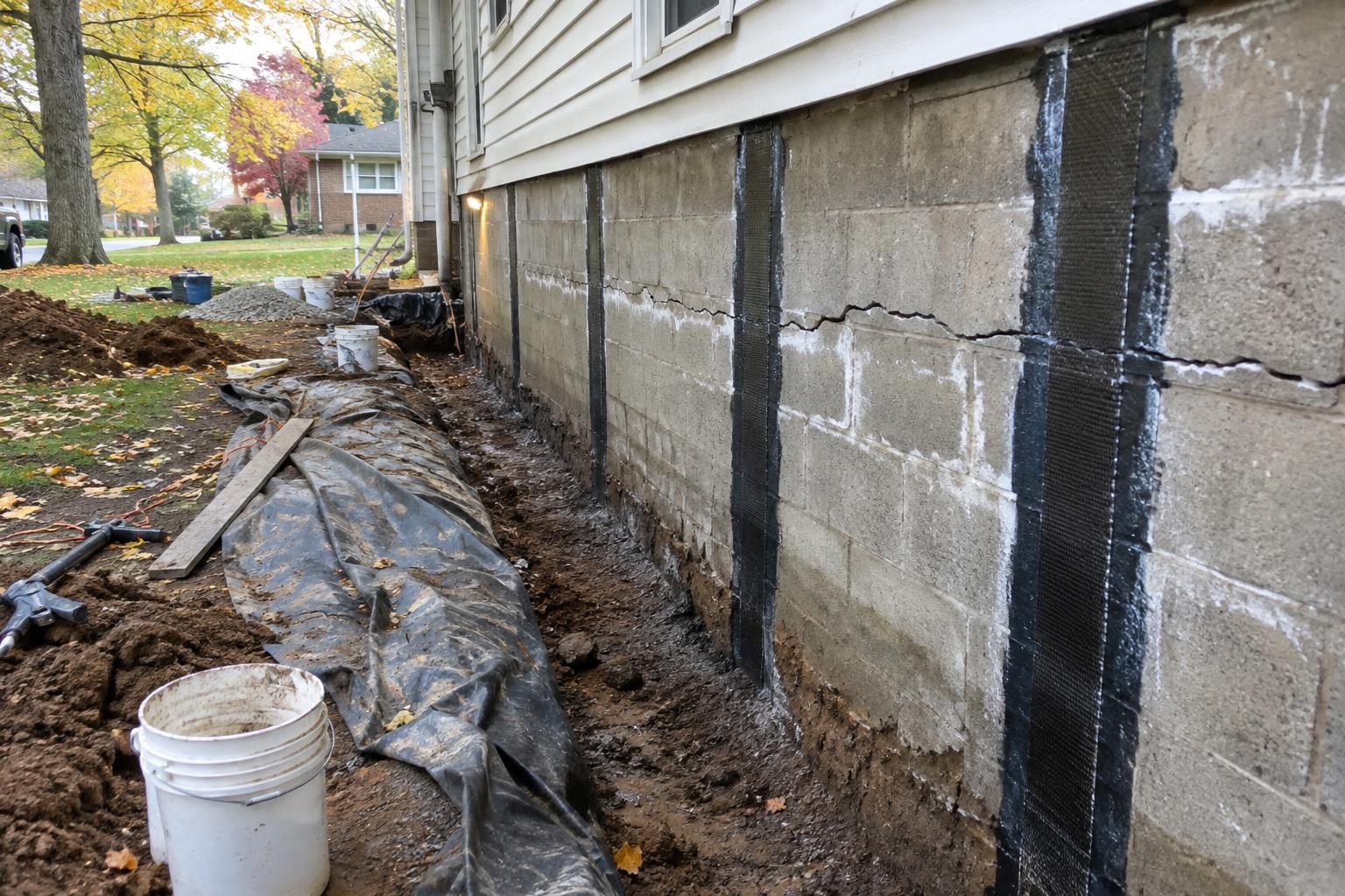 Horizontal carbon fiber straps bonded to a cracked concrete block basement wall with white efflorescence along the mortar joints