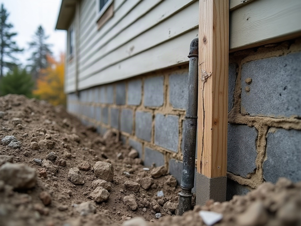Cracked block foundation wall in a Mansfield basement showing signs of bowing