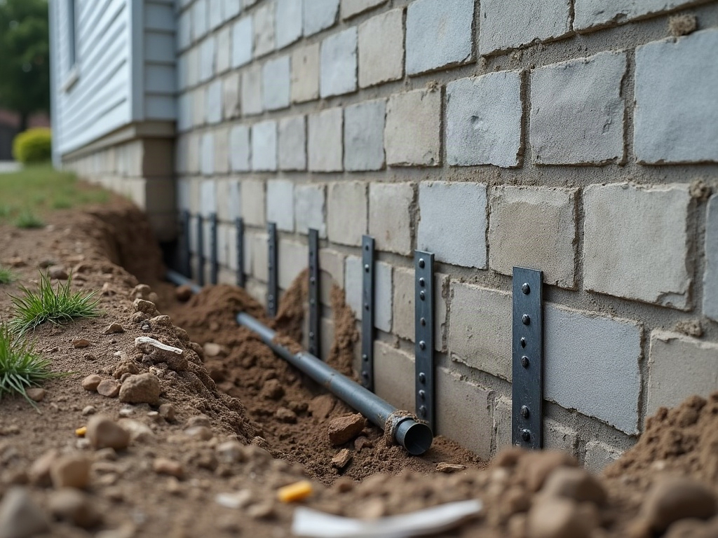 Cracked block foundation wall in a Massillon basement with daylight showing a repair in progress