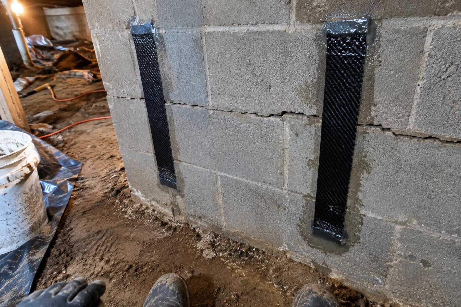 Interior basement block wall with a horizontal step crack near mid-height and two black carbon fiber straps bonded vertically against the gray block.